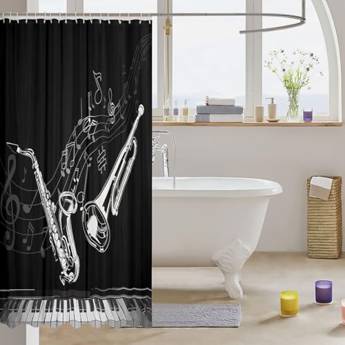 Image of Saxophone Bathroom Shower Curtain Set Trombone Piano Keys Shower Curtain Jazz Music Theme Bath Curtain for Stalls Bathtubs Musical Instruments Waterproof Bathroom Curtains Room Decor 72x84 Inch