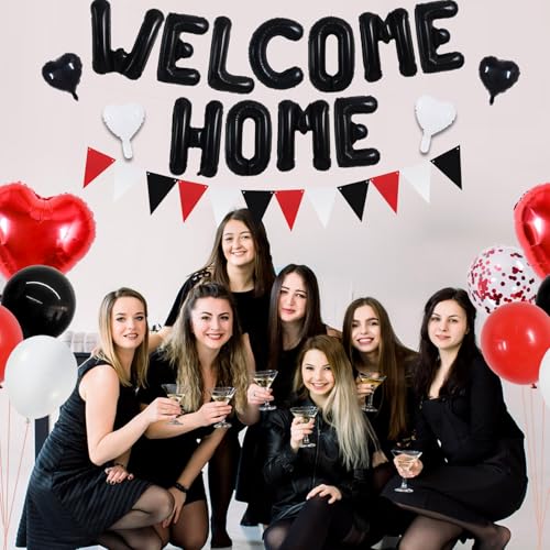 Image of TONIFUL 16 inch Black Red Welcome Home Balloons Banner Housewarming Party Decor