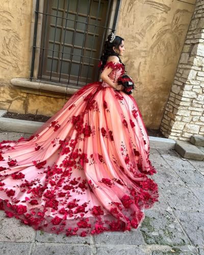 Mouccy Luxury 3D Floral Tulle Quinceanera Dresses Puffy Pearly Prom Dresses with Train Beaded Off Shoulder Sweet 16 Dresses2