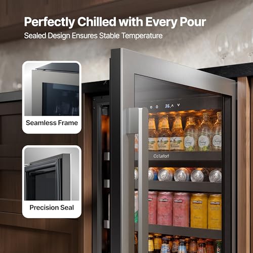 Image of Ca'Lefort Beverage Refrigerator Cooler - 24 Inch Beverage Fridge Under Counter 180 Can with Glass Door, Freestanding or Built-in with 3 Color LED, Drink Cooler for Beer Soda or Wine (Right-Hinged)