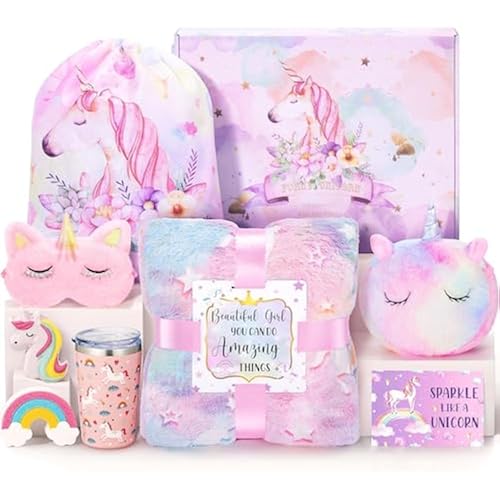 Unicorn Gifts for Girls 4-6 6-8, Birthday Easter Gifts Set for Girls Age 4 5 6 7 8 9+ Year Old Tween Teen Girl Trendy Stuff Kids Unicorn Toys with Glow in The Dark Blanket Purse for Daughter Niece