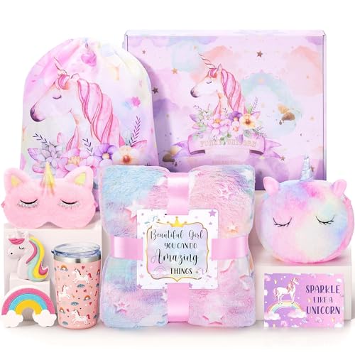 Unicorn Gifts for Girls 4-6 6-8, Birthday Easter Gifts Set for Girls Age 4 5 6 7 8 9+ Year Old Tween Teen Girl Trendy Stuff Kids Unicorn Toys with Glow in The Dark Blanket Purse for Daughter Niece