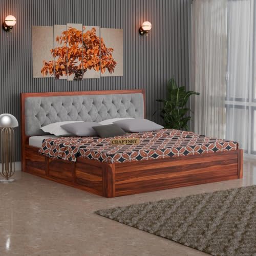 Image of Solid Sheesham Wood Queen Size Bed with Box Storage | Grey Upholstered Cushion Headboard | Wooden Double Bed for Bedroom | Palang /Cot /Mancham, Honey Finish