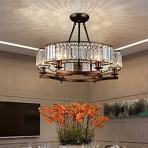 25" Retro Round Crystal Chandelier Flush Mount Ceiling Light,6-Light Round Island Pendant Lighting Fixture For Kitchen,Living Dining Room, E14 Bulbs Required (Brown) #TOP7