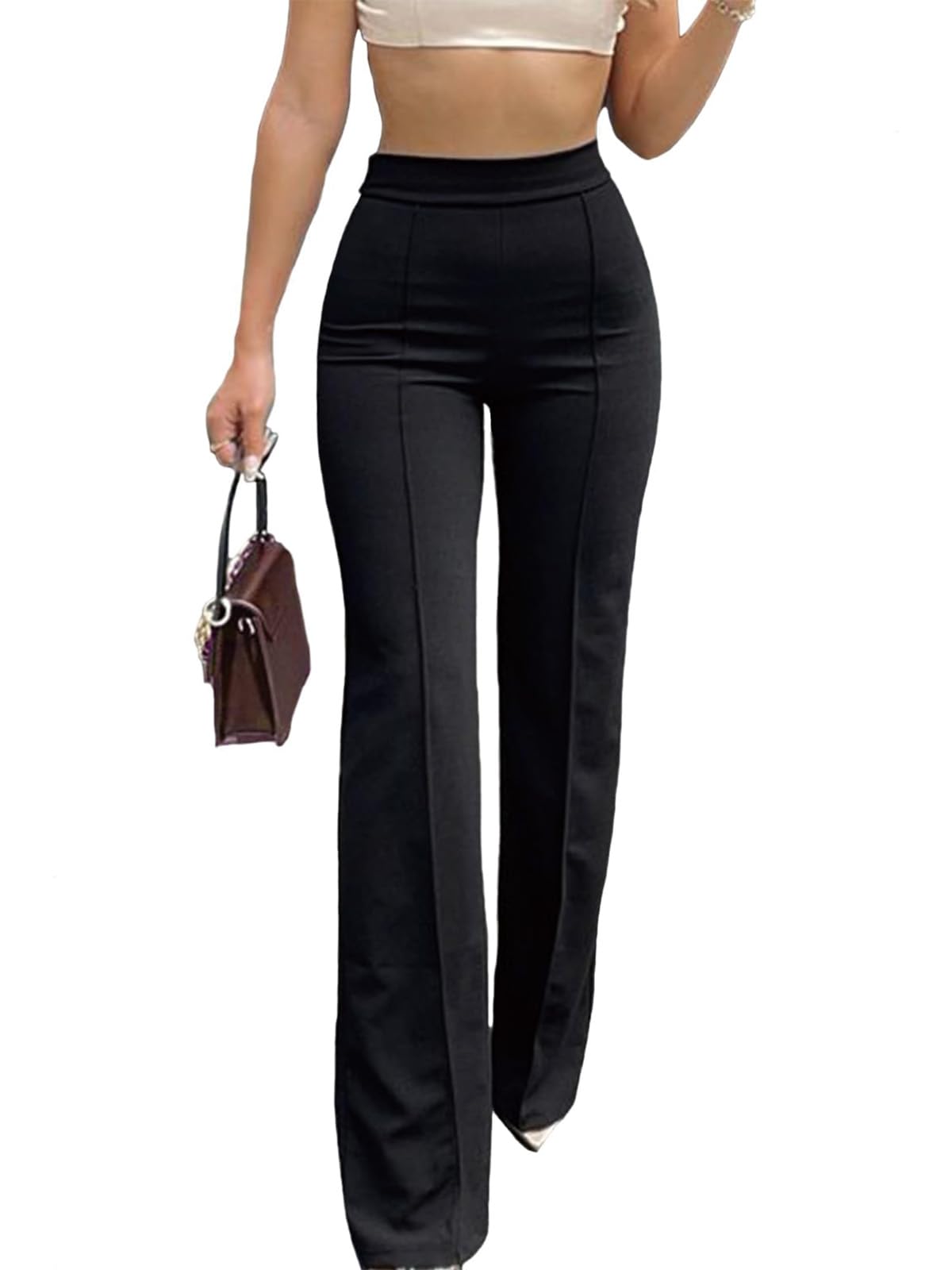 Womens Flared Trousers High Waisted Elasticated Smart Casual Bootcut Work Trousers Office Elegant Long Work Pants