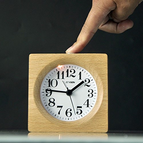 ECVISION Handmade Alarm Clock Classic Small Square Silent Table Snooze Zelkova Clock Beech