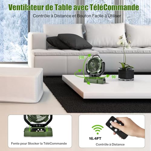 Ventilateur de Camping,Ventilateur de Bureau USB Avec Batterie 10 000 Mah Ventilateur Portable Silencieux Avec Lumière LED Rotation À 270° pour Bureau,Maison,Chambre,Voiture,Pêche,Camping en Plein Air – Image 5