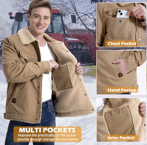NAVEKULL Men's Warm Winter Jacket Thick Cotton Fleece Lined Work Coat Thermal Lapel Sherpa Cargo Trucker Jacket 5