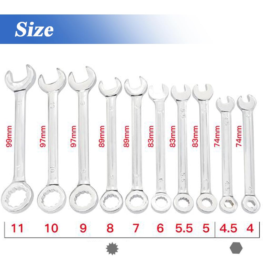 Eyech 10pcs Ratcheting Wrench Set, Metric Mini Double Open End Wrench Set with Dual-purpose Spanner Tool Gear Ring Ratcheting Wrench Set Car hand Wrench Tool 4mm-11mm, EYEUS-GY0645