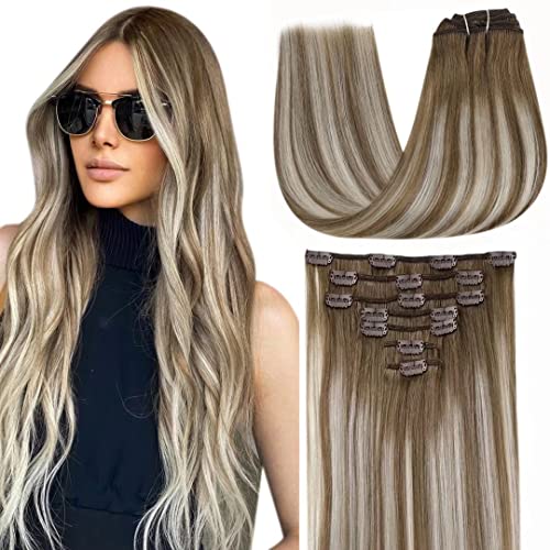 LaaVoo Remy Hair Extensions Clip in Human Hair Balayage Brown to Platinum Blonde Highlights Brown Full Head Clip in Extensions Human Hair Natural 22 Inch 7pcs/120g