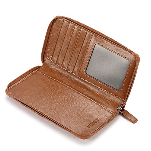 Image of HISCOW Leather Checkbook Cover, Zippered Wallet, Antiqued Brown | Full grain cowhide, 5cc & ID window, personal check book & register pockets, removable duplicate divider, women secure zipper