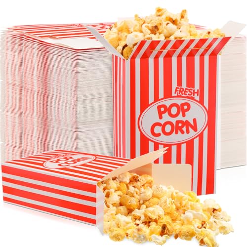 Image of Xinnun 200 Pcs Paper Popcorn Boxes 1oz Oil-Proof Disposable Striped Popcorn Boxes Container Leak Proof Paper Holders for Movie Night, Party, Birthday, Wedding (Red)