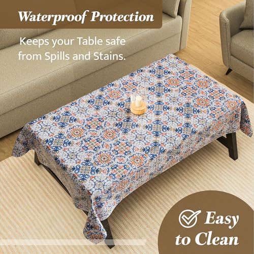 Image of Kuber Industries 36x54 Inch PVC 4 Seater Table Cover Cloth | Multipurpose Rectangle Dining Table Cover /Cloth for Party and Events | Star Flower - Blue