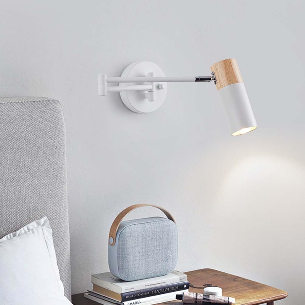 Verstellbare Schwenkarm Wandlampe Langer Arm Holz Wandleuchte 350°Drehung E27 Nachttisch Wandbeleuchtung Moderne Wandstrahler Weiß Wand Leselampe für Schlafzimmer Kinderzimmer（mit Leuchtmittel）