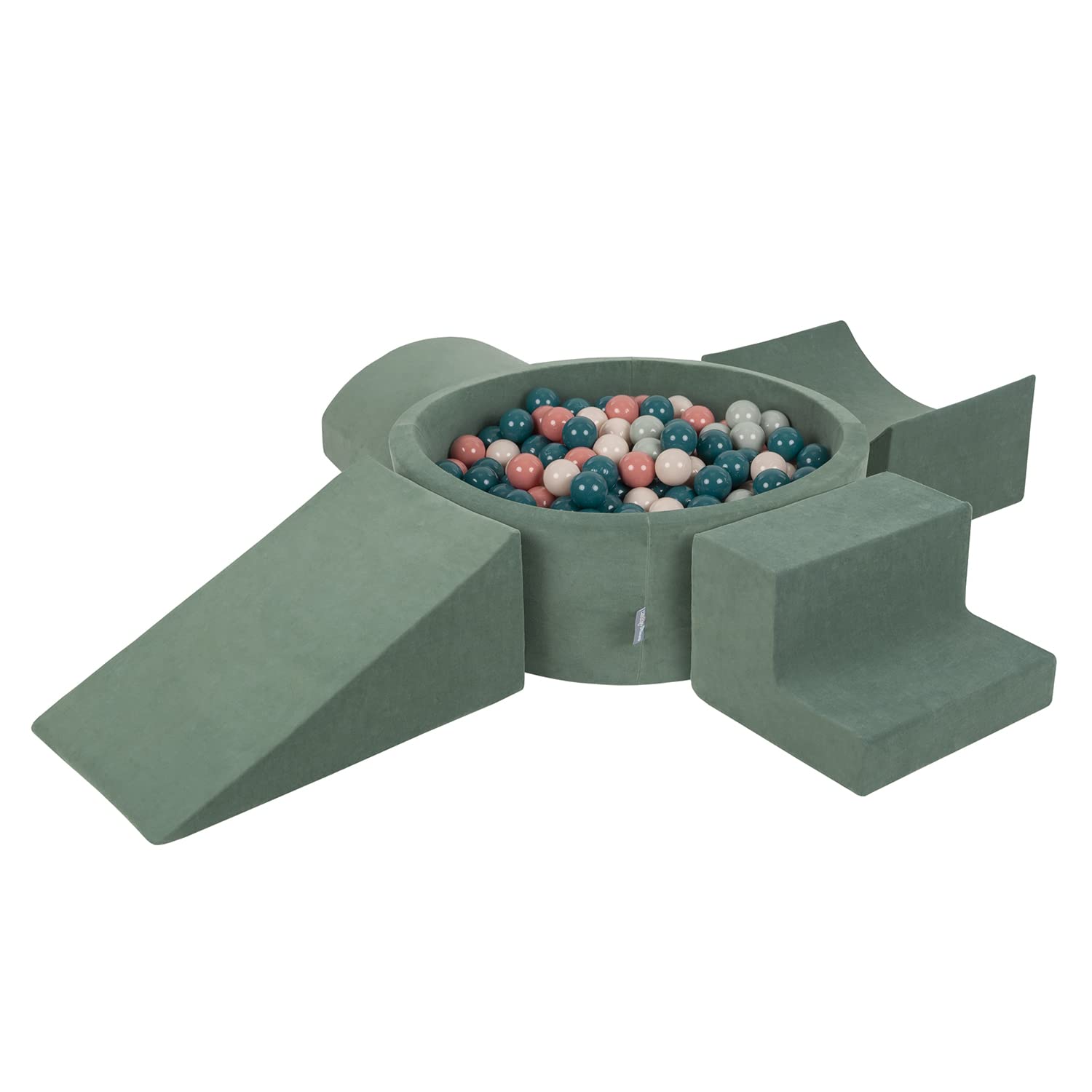 KiddyMoon Area di Gioco in Schiuma con Tondo Piscina di Palline per Bambini Piscina (300 Palline) + Version 5, Verde del Bosco: Turchese Scuro/Beige Pastello/Verde Grigio/Salmone