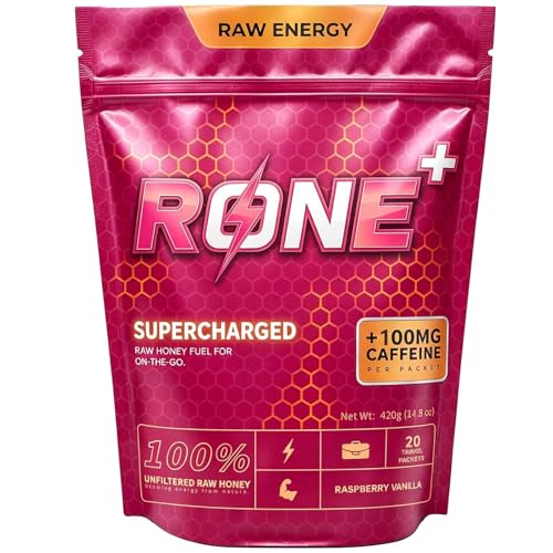 Rone Honey Packets with Natural Caffeine & L-Theanine Raw Honey Energy Gel with Himalayan Pink Salt Raspberry Vanilla Flavor Portable Workout Energy Support 20 Count