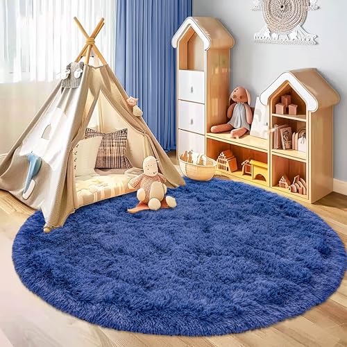 Round Fluffy Circle Rug - 6FT Navy Blue Super Soft Shaggy Plush Furry Carpet for Kids & Teens Room