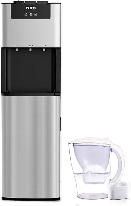 VECYS Self-Cleaning Bottom Loading Water Dispenser with Pitcher, 3-5 Gallon Water Cooler, 304 Stainless Steel Reservoirs & Intake Tube, Hot Cold Room Temperature, Child Safety Lock, UL/ETL Certified