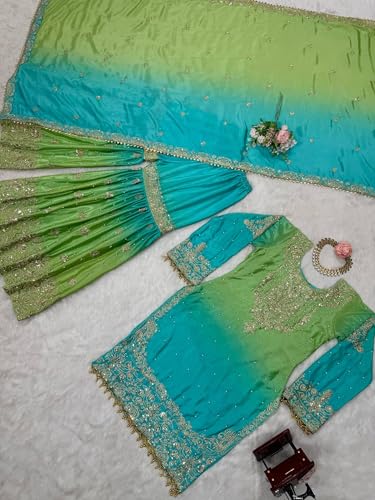 Image of Pandadi Saree Women's Chinon Silk Embroidery Kurta Sharara Set With Dupatta.