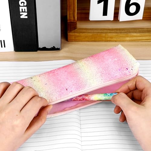 Image of Pencil Pouch Glitter, Pencil Case, Portable Pen Bag with Zipper, Storage Bag, Travel Accessories Bags, Makeup Brush Holder, for Study and Daily Work (1Pcs Pink yellow)