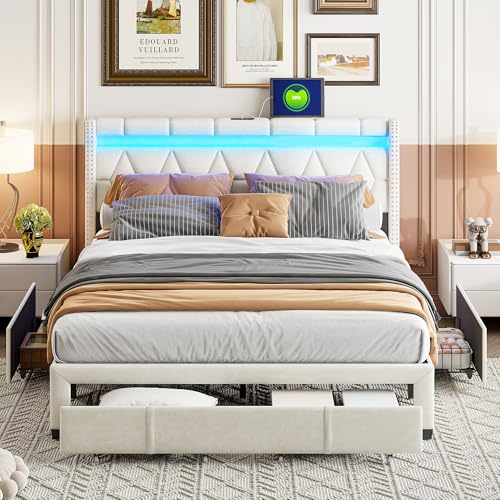 KSFASHZ Cama con cajones, 140 x 200 cm, cama doble tapizada de lino, 140 x 200 cm, cama juvenil con LED y USB, estructura de cama acolchada con 4 cajones y cabecero