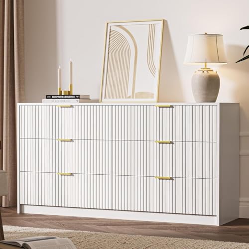 Image of MAISONARIA White 6 Drawer Dresser for Bedroom, 55 inch Wide Modern Chest of Drawers with Gold Metal Handles, Fluted Wood TV Stand for Living Room, Hallway