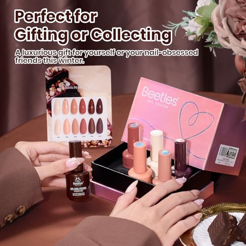 Image of Beetles Brown Gel Polish Set - Brownie Bliss 6 Colors Nude Beige Taupe Cocoa & Rose Gold Pearl Shimmer Gel Nail Polish, Soak Off UV Led Lamp Needed Manicure DIY Salon Home Gifts for Women