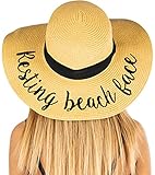 Funky Junque Women’s Straw Beach Hat – Packable Wide Brim Sun Hat, Floppy Panama Vacation Hats, Summer Embroidered Sunhats -Resting Beach Face