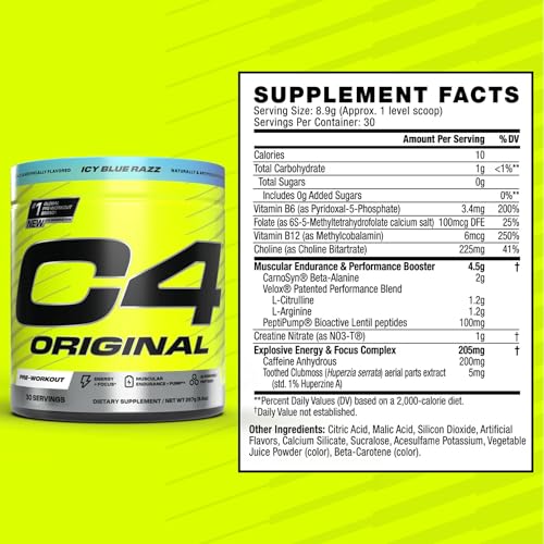 Image of Cellucor C4 Original Pre Workout Powder Sugar Free for Men & Women 200mg Caffeine + CarnoSyn Beta-Alanine + Creatine + AI Peptides - ICY Blue Razz, 30 Servings