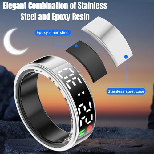 Smart Ring Health Tracker, Wearable Sleep Heart Rate Step Blood Oxygen Tracker, IP68 Waterproof Smart Ring with LED Screen to Track All Your Important Health Indicators (Silver, 9) - Thumbnail 3