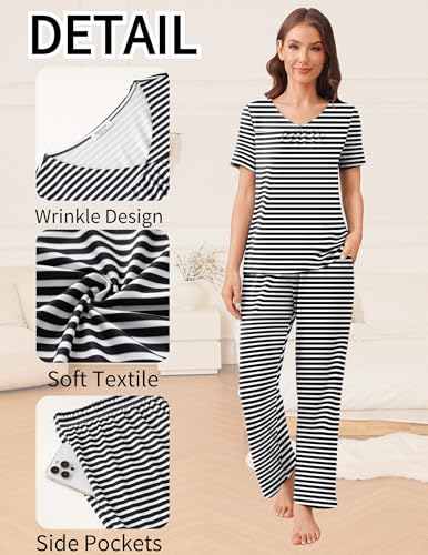 Ekouaer Pajama Sets for Women 2 Pack, Short Sleeve with Long Pant Pjs Sleepwear Comfy Lounge Sets with Pockets2