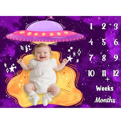 Image of UFO Baby Monthly Milestone Blanket, 60x40in Soft Flannel, Alien Round Spaceship, Newborn Mom Gifts, Baby Shower Age Growth Tracker with Bonus Maker (Purple Pink, 60x40in)
