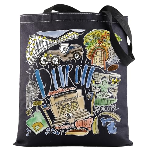 G2TUP Detroit Michigan Travel Tote Bag - Trip Souvenir Gift With Landmarks Shoulder Bag - Detroit Merch, Detroit Bl Tg, M