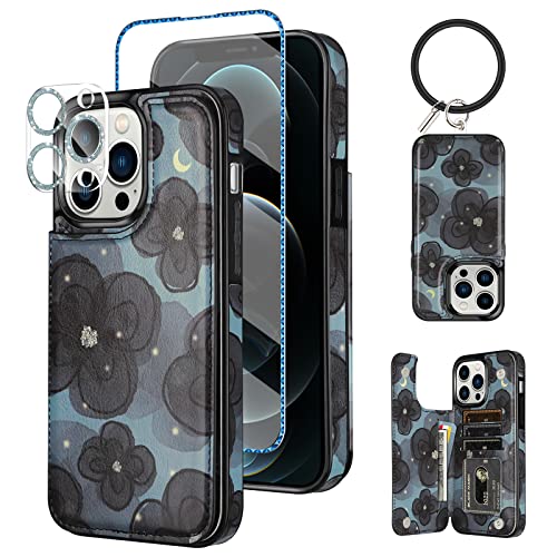 Hiandier Wallet Case For Iphone 12 Pro Max Case With Bracelet+ Screen Protector+ Camera Cover, With Credit Card Slot Holder Flip Folio Soft Pu Leather Magnetic Closure Cover, Camellia Blue #TOP6