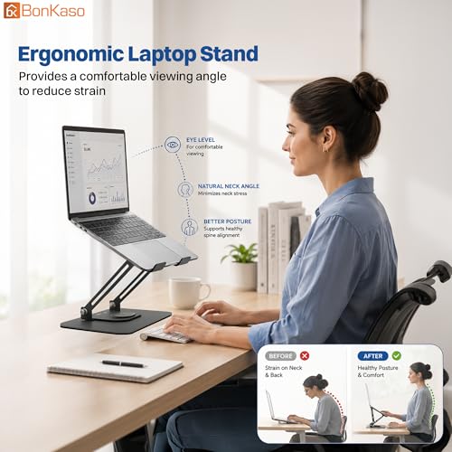 Image of BonKaso 360 Rotating Metal Laptop Stand, Height & Angle Adjustable, Foldable Design, Carbon Steel Build, Ventilated Cooling, Supports Up to 5kg, Compatible with Laptops & MacBook (Up to 17.3 inch) - Grey