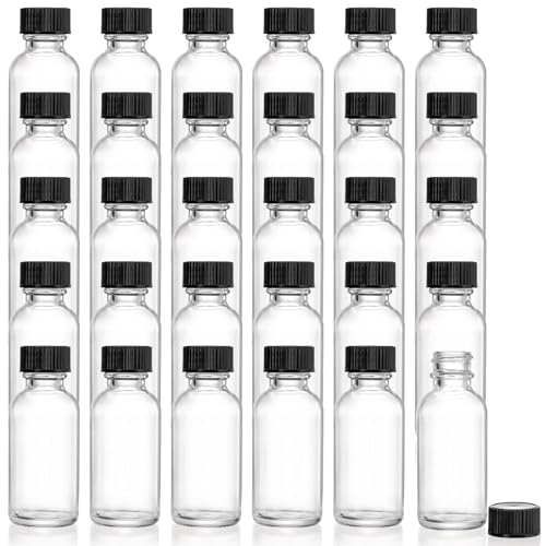 Bekith 30 Pack Boston Round Glass Bottle with Black Cap, 1 oz Capacity, Clear