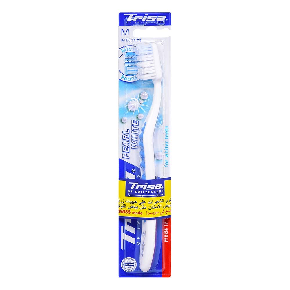 Pearl White Medium Toothbrush with travel cap,For Wither Teeth, Withening filamen with blue micro cleaning pearls, Swiss Made, 1 pc. Assorted
