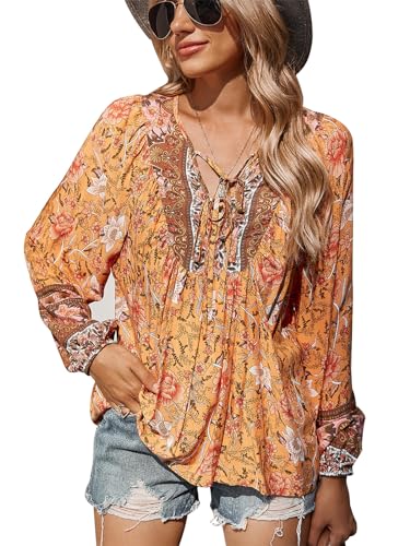 CNTSFS Chemisier pour femme, élégant, décontracté, style bohème, col en V, motif floral, tunique ample à manches longues, été, Orange, M