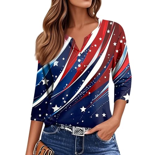 Image of 4th of July Shirts Women 3 /4 Length Sleeve Womens Tops Henley Neck Casual Patriotic T Shirts