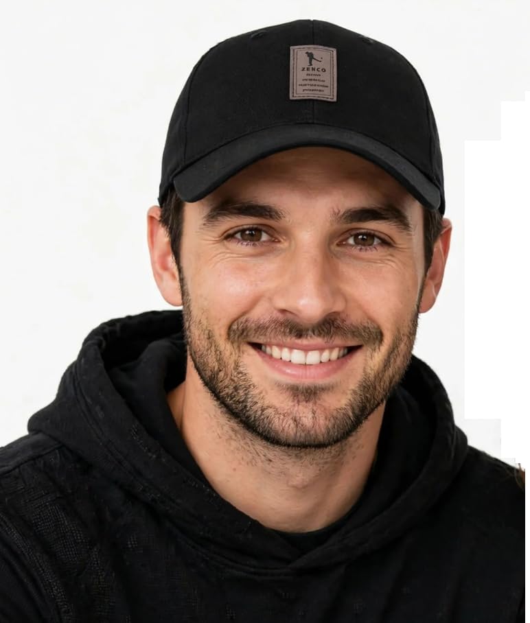 Image of Black Baseball Cap with Leather Patch, Casual Unisex Sports Hat, Adjustable Fit-Free Size