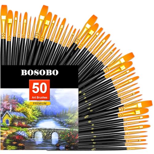 Image of BOSOBO Assorted Nylon Acrylic Artist Paint Brushes Set,Black,50 Pcs