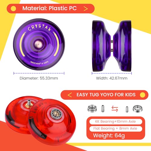 Image of MAGICYOYO K2 Crystal Responsive Yoyos for Kids 8-12, Unresponsive Yoyo Pack with Finger Spin Function, Professional Yo yo with Bearing Kit, 12 Yo-yo Strings+2 Sacks (Red+Purple)