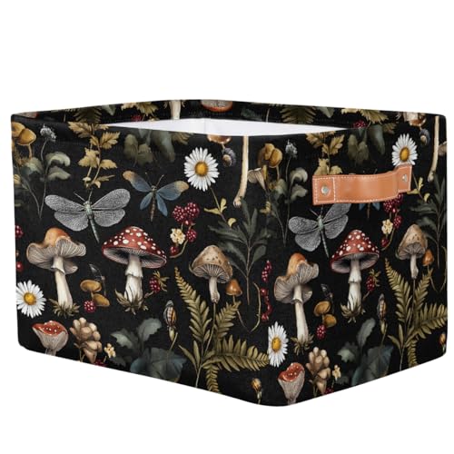 Image of Mushrooms Daisies Storage Baskets for Organizing, Fabric Collapsible Storage Bins Box Forest Plants Decorative Toy Organizer Baskets for Closet Shelves Gift Basket 1 Pc