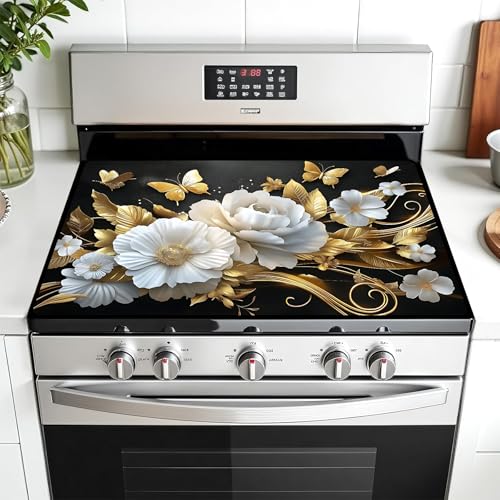 Image of Multi-Design Stove Top Cover for Glass /Electric Stoves - 3-in-1 Heat-Resistant Protector Mat, Non-Slip Drying Rack 28 inchx20 inch (Butterfly-Flower)