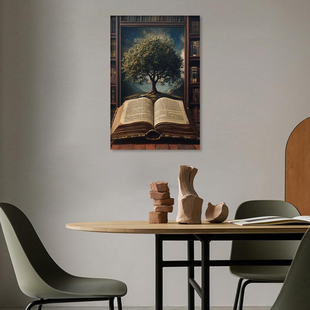 TISHIRON 1 panneau d'art mural arbre de vie 1 pièce livre antique impression sur toile bibliothèque œuvre d'art pour murs de maison, peinture encadrée pour chambre à coucher, bureau, 61 x 40,6 cm