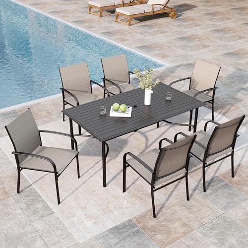 Image of MIXPATIO 7-Piece Outdoor Dining Set 6 Brown Textilene Chairs and Steel Rectangle Table with 1.97 inch Umbrella Hole for Deck Garden Backyard Lawn Poolside