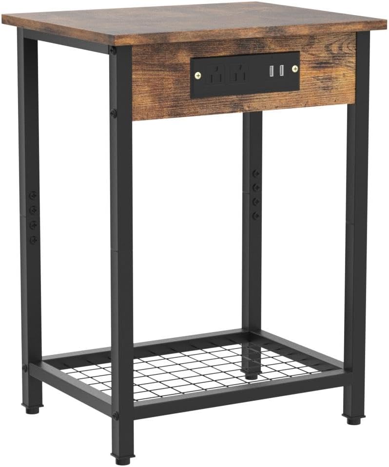Rustic Brown Industrial End Tables with Charging Station, Set of 2