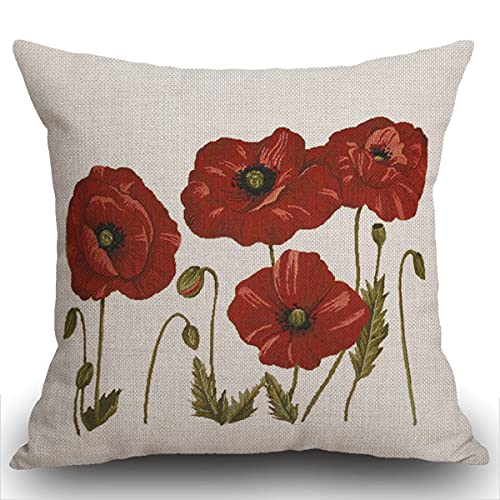 Smooffly Housse de coussin 45,7 x 45,7 cm Peinture à l'huile Belles fleurs de plantes Coquelicot rouge Taie de coussin décoratif carrée en lin pour salon,...