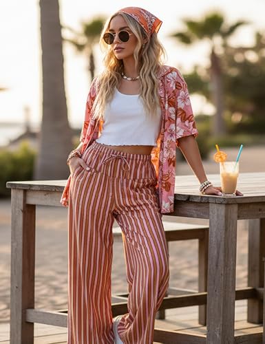 Image of MISSACTIVER Women Drawstring Striped Pants Loose Wide Leg Trousers Casual Low Waist Pants Comfy Lounge Pants with Pockets