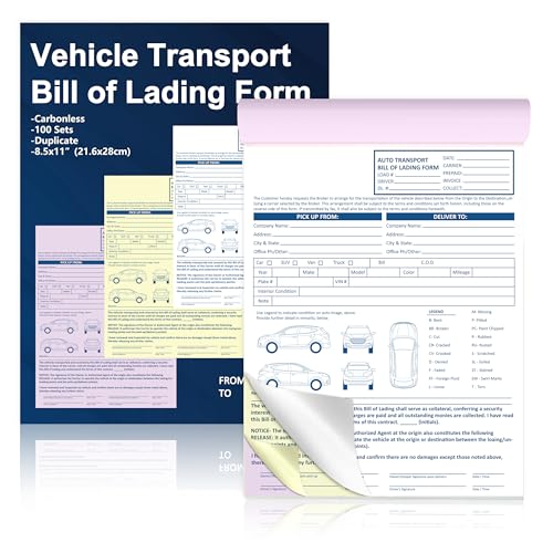 50 Sets 3 Part Vehicle Transport Bill of Lading Short Form 8.5x11 Inches Carbonless Paper with Backing Board for Auto Haulers Car Shipping Dealerships (1)